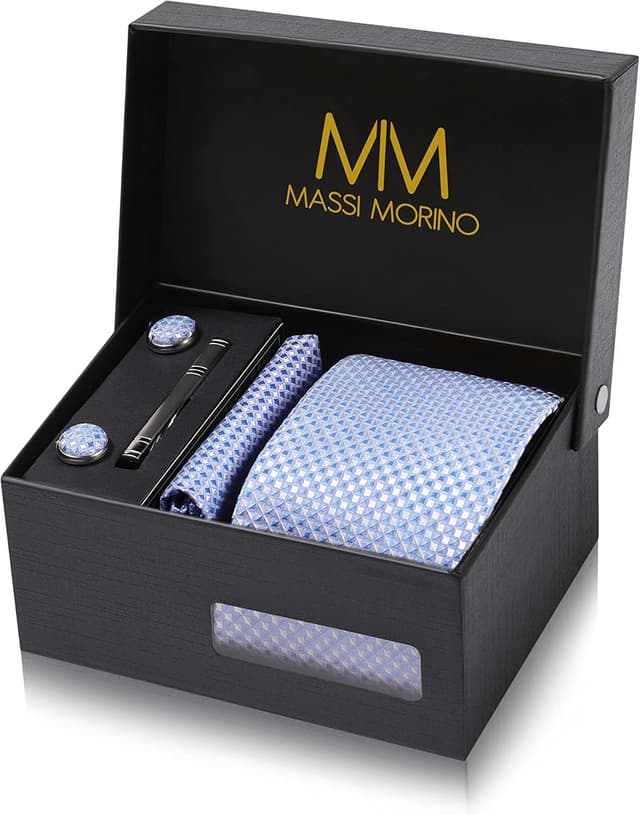 Detalle de Massi Morino Morino Krawatte mit Einstecktuch Set Herren – inkl. Manschettenknöpfe, Krawattennadel & Geschenkbox
