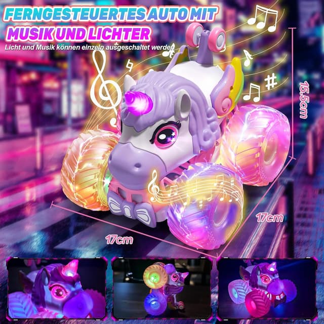 Detalle de Ferngesteuertes Einhorn-Monstertruck Auto für Mädchen (ab 3 Jahren), 1/20 mit 360°-Drehung, Musik & Licht, 2,4 GHz