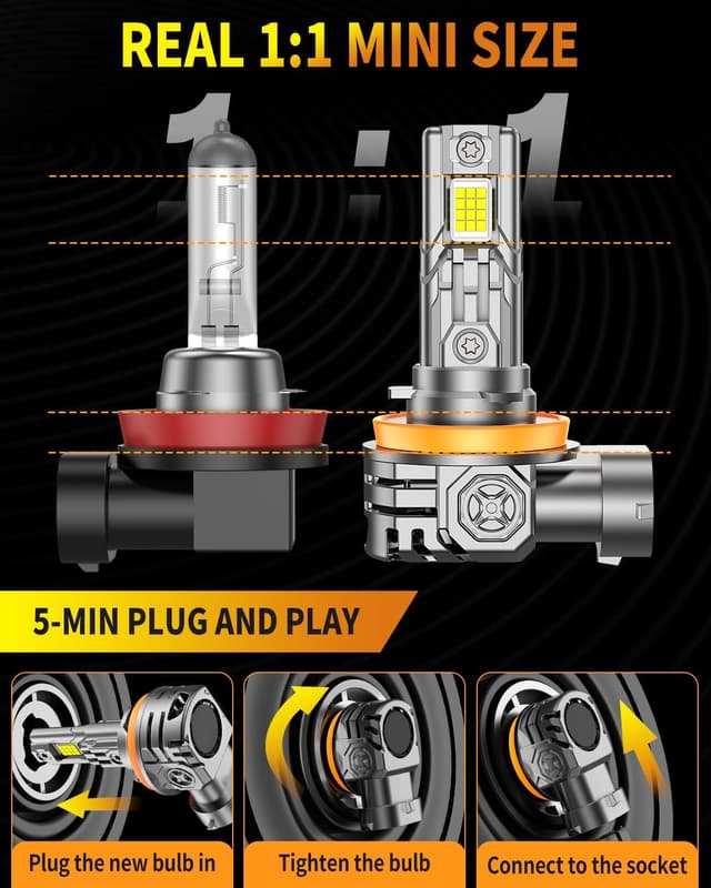 Detalle de FAHREN H11/H8/H9 LED Light Bulbs (70,000LM) — 6500K Cool White, IP68 Waterproof, Plug-and-Play, Pack of 2