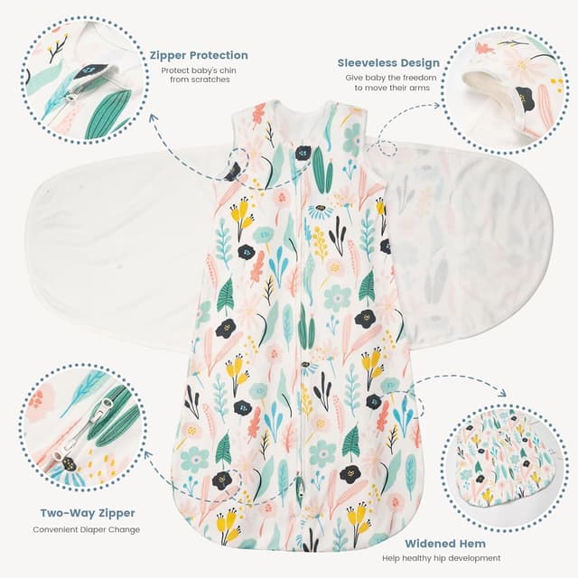 Detalle de ZIGJOY Newborn Sleeping Bag 1.0 TOG (2 Pack) with Swaddle Wrap Design, 100% Cotton – Green & Leaves