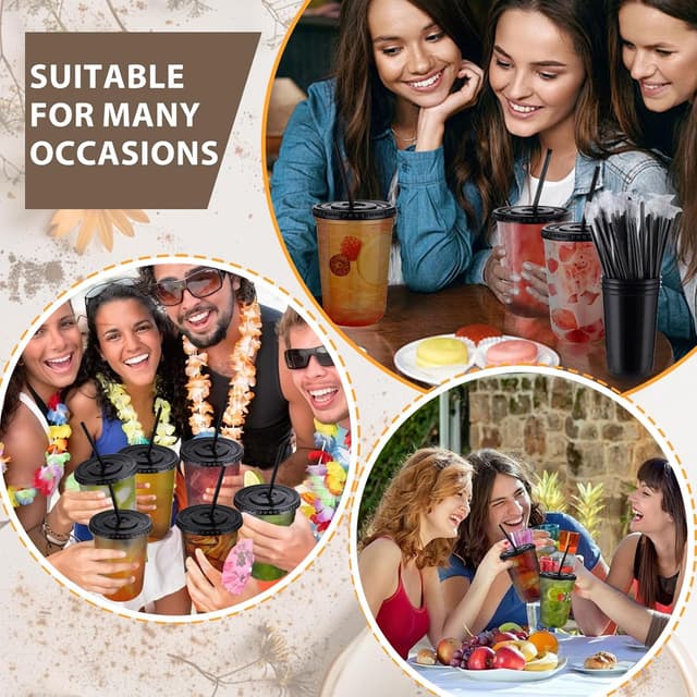 Thumbnail 6 de tchrules 100 Set 16oz Plastic Cups with Lids and Straws (Black Clear Iced Coffee Cups)