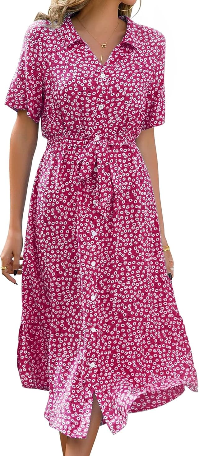 Detalle de Livonmone Sommerkleid für Damen mit V-Ausschnitt, Blumendruck, Gürtel und Knopfverschluss