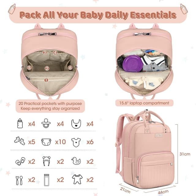 Thumbnail 4 de NEWHEY Baby Changing Bag Backpack with Portable Changing Mat, Waterproof Nappy Bag – Pink
