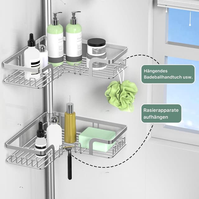 Detalle de Kegii Teleskop-Duschregal aus Edelstahl – Duschablage ohne Bohren, Ecke mit 4 Etagen