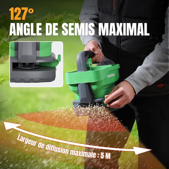 Detalle de WORKPRO Épandeur de graines électrique 7,2 V avec batterie intégrée 2,0 Ah et 8 débits
