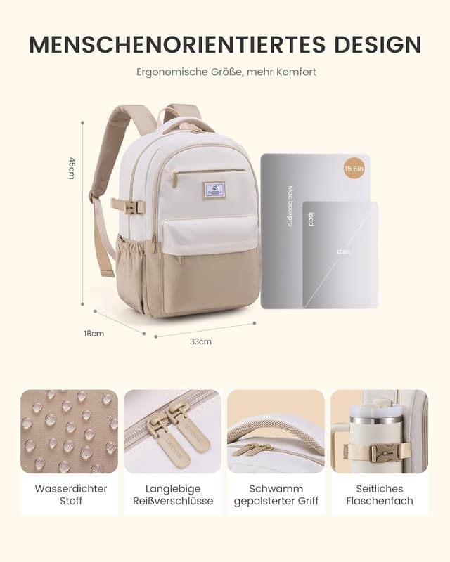 Detalle de LOVEVOOK Damen-Rucksack für Laptop bis 15,6 Zoll – wasserfester Schulrucksack mit vielen Fächern