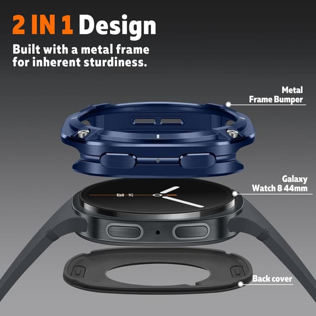 Detalle de HITZEE 2-in-1 Metal Case for Samsung Galaxy Watch 8 (44mm) – rugged metal bumper with back cover, Blue White