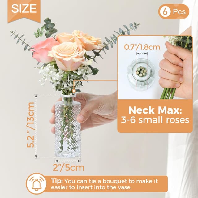 Detalle de Lot de 6 mini vases en verre ComSaf (5 × 13 cm) – vases transparents motif diamant pour fleurs décoratives