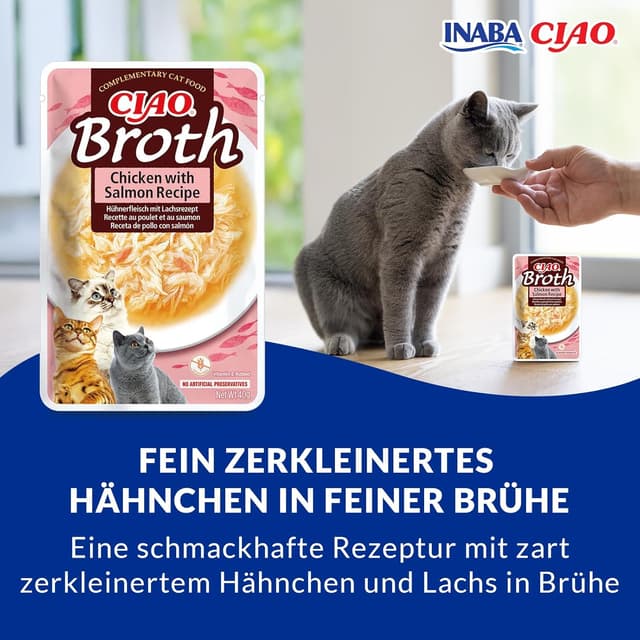 Detalle 2 de INABA Ciao Broth Nassfutter für Katzen ohne Getreide und Zucker, 28% Hühnerfleisch (40 g, 12er Pack)
