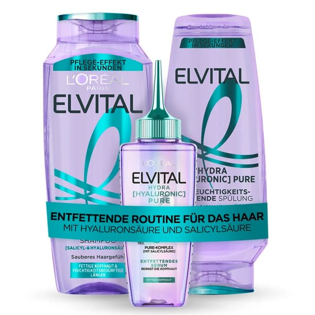 Detalle de L'Oréal Paris Elvital Hydra Hyaluronic Set (Shampoo, Spülung & Serum) für feuchtigkeitsspendendes Glanzhaar