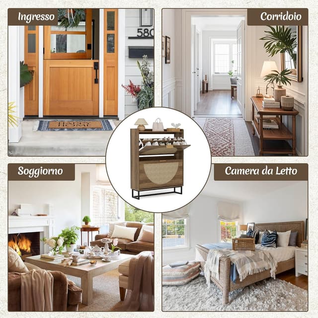 Detalle 2 de BonVache Mobiletto Per Scarpe Stretto con 2 ante e regolazione, scarpiera in rattan (80x24x102 cm)