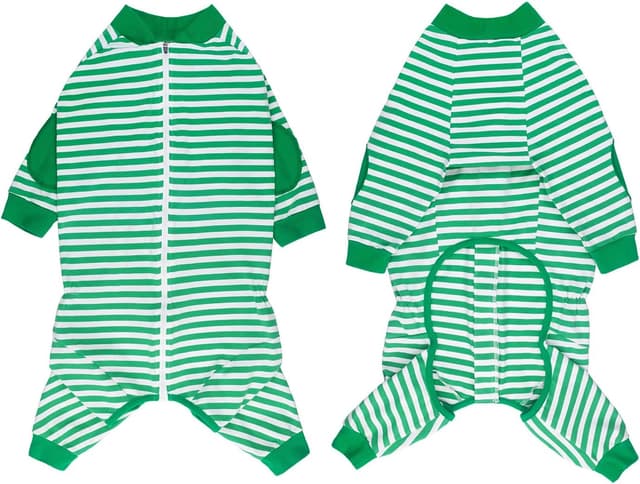 Detalle de BT Bear Large Dog Clothes cotton dog pyjamas jumpsuit with zip (light green, striped) for medium to large dogs