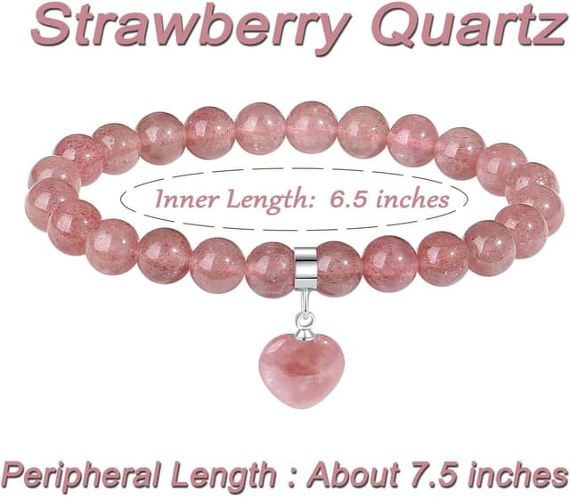 Detalle de Sahoottie Herz-Armband aus Erdbeerquarz (8 mm Perlen) für Damen – Geschenkbox inklusive