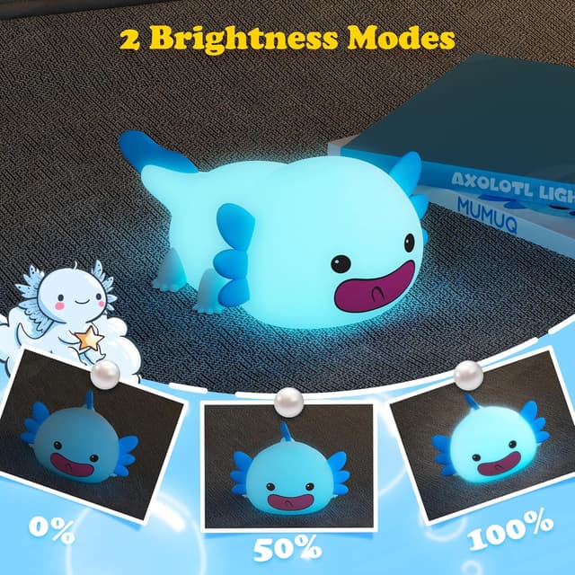 Detalle de MUMUQ Axolotl Kids Night Light – silicone LED touch night lamp with dimmer and 20-minute timer