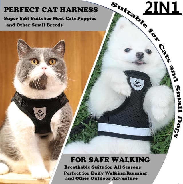 Detalle 2 de Anlitent Soft Mesh No Pull Cat Harness and Lead Set (Black, X-Large) with Escape Proof Kitten Vest