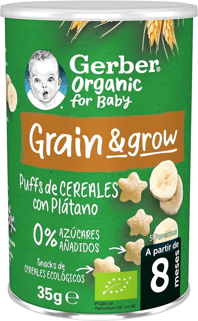 Detalle 2 de GERBER Organic Puffs Plátano 🍌 Snack para bebés, 5x35g