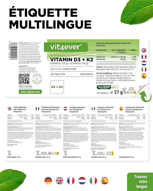 Thumbnail 6 de vit4ever Vitamine D3 + K2 Dépôt (180 comprimés) – 5000 UI D3 et 100 µg K2 MK7