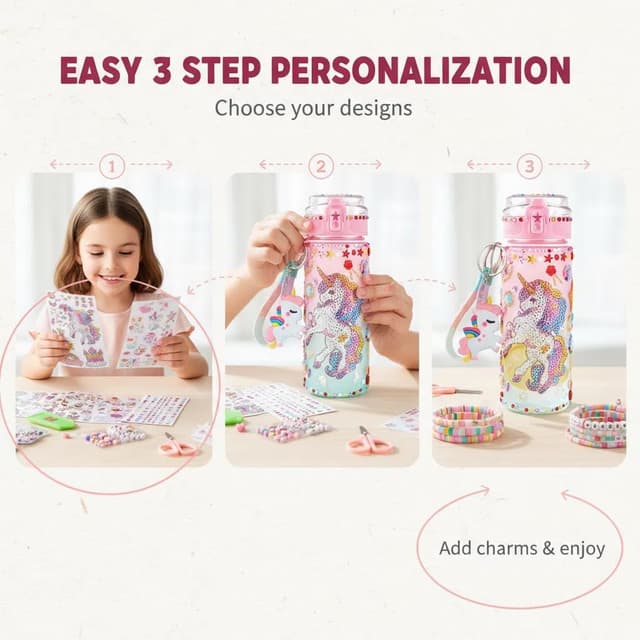 Detalle 2 de Sanilinwild Girls 600ml DIY Water Bottle Kit (Pink Unicorn) – Decorate Your Own Bottle with Friendship Bracelet Craft