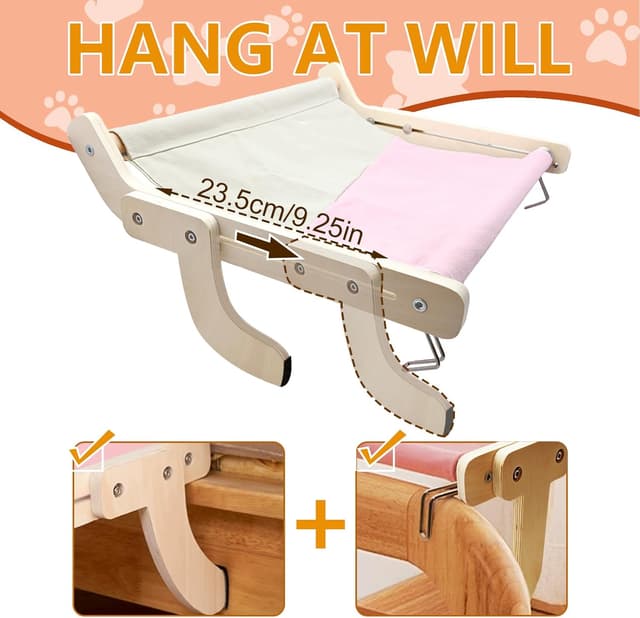 Detalle de TothDate Window Seat for Indoor Cats (Large) – Wooden Perch Hammock with Pink Fabric