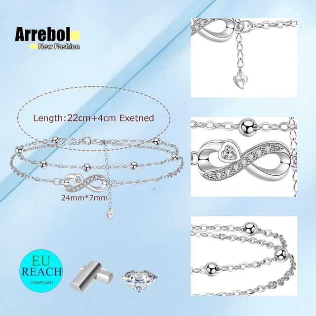 Detalle de Arrebol Fußkettchen Damen aus Silber 925 – Doppelkette mit Kugelperlen, verstellbar (22 cm + 4 cm)