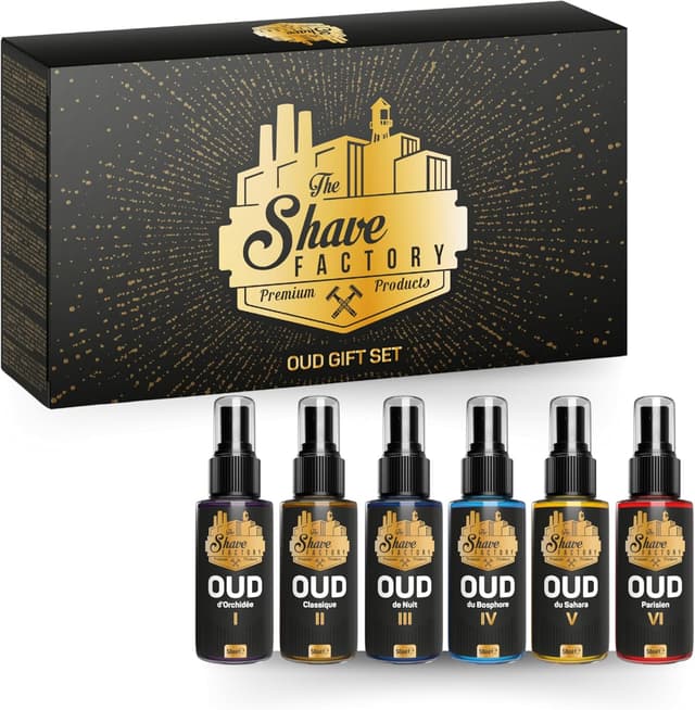 Detalle de The Shave Factory Oud Aftershave Cologne Gift Set (6x50 ml) – set dopobarba rinfrescante e lenitivo all’oud