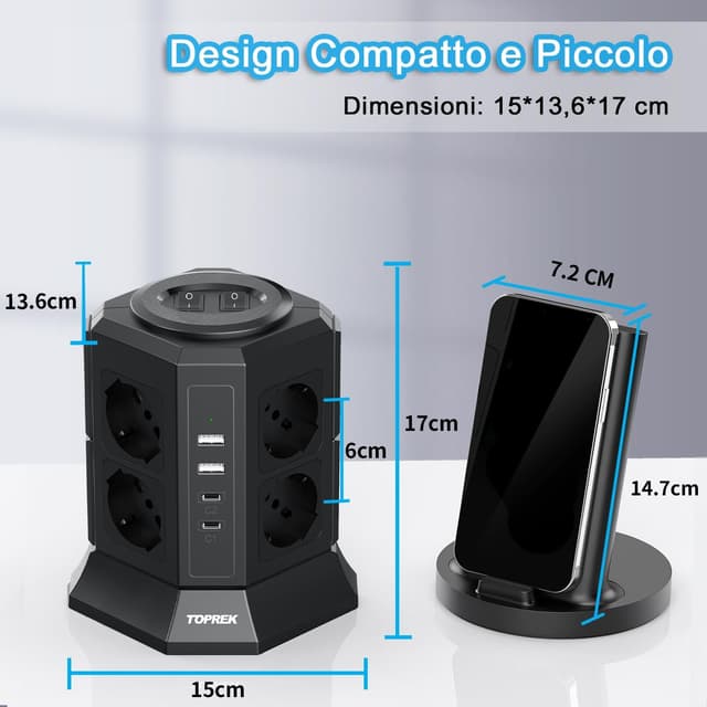 Detalle de TOPREK Multipresa verticale 8 prese universali ITA + USB-C/USB-A 4000W/16A con cavo 2 m