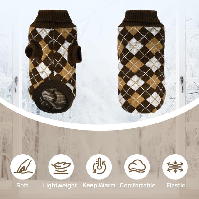 Thumbnail 3 de PawSailor Knitted Dog Jumper Turtleneck Plaid Pullover (Acrylic) – Winter Warm Coat for Medium Dogs, Brown XL