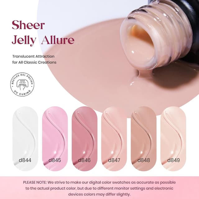 Detalle 2 de Beetles Jelly UV Gel Nagellack Set mit 6 Farben (transluzente Nude-Farben) – Jelly Gel Polish für UV/LED