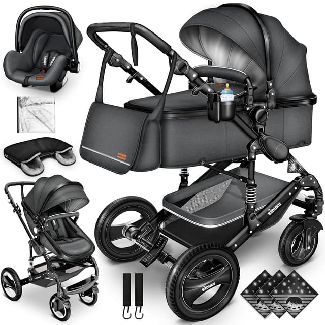 Detalle de KIDUKU® 3-in-1 Kombikinderwagen-Set inkl. Babywanne, Sportsitz und Auto-Babyschale