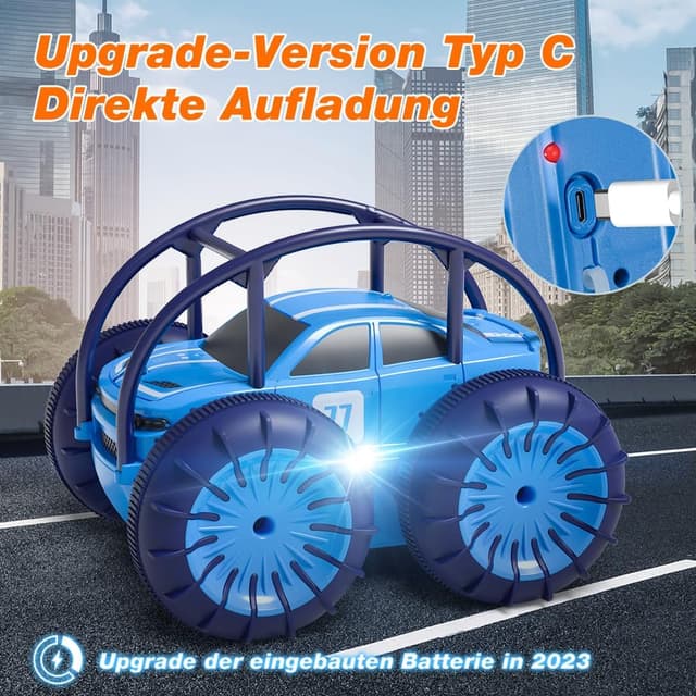 Detalle de MaxTronic Direktladung Amphibien RC Stunt-Auto mit LED, 360° Flips und 4WD (2.4G) – wasserdichtes MonsterTruck-Spielzeug