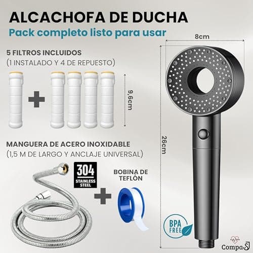 Detalle 2 de CompaSJ Alcachofa de ducha con filtro y alta presión (1,5 m) con 5 modos y 5 filtros antical + PTFE