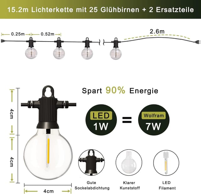 Thumbnail 6 de Kawaya 15 m LED-Lichterkette außen (IP65) mit 25+2 bruchsicheren G40-Glühbirnen, warmweiß, dimmbar