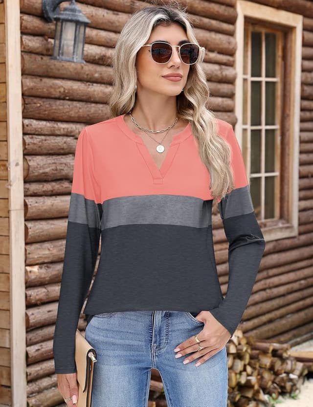 Detalle de EFFAN Women’s Basic V-Neck Long Sleeve Striped & Colour Block Top (S–XXL)