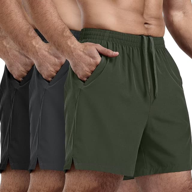 Detalle de FIONECA 3-Pack Men’s Athletic Running Shorts (5-Inch) with Quick-Dry Stretch Fabric & Zip Pockets