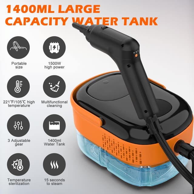 Detalle 2 de Koutop Steam Cleaner for Home & Car Portable Handheld Steamer with 3-Level Handle, 15s Heat-Up, 16 Accessories