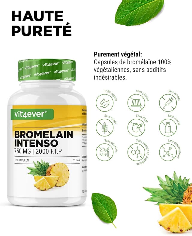 Detalle de Bromélaïne Intenso 750 mg (2000 F.I.P) – 120 gélules gastro-résistantes, extrait naturel d’ananas