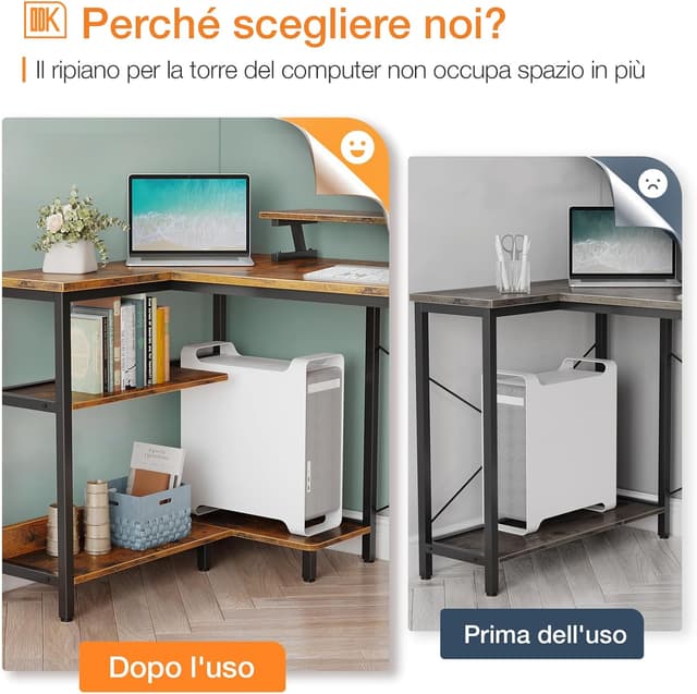 Detalle 2 de ODK Scrivania Angolare 120x80 cm a L reversibile con porta ricarica USB e prese elettriche, marrone