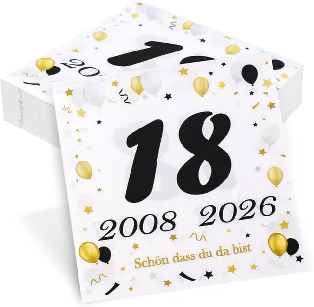 Detalle de 50 Stück Servietten zum 18. Geburtstag (2008–2026) Schwarz-Gold mit „Schön dass du da bist“