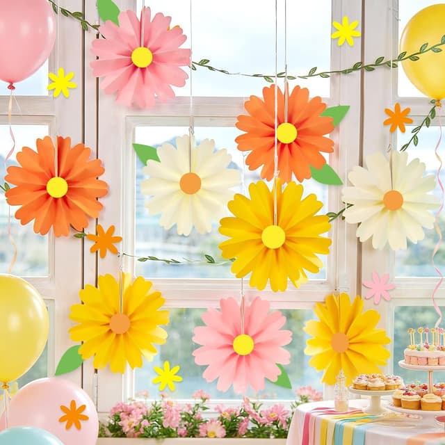 Detalle de SUNBEAUTY 48er Set Papierfächer Deko (Ø 15 cm) mit Stickern – orange & gelb für Party, Garten, Hochzeit & Kinder