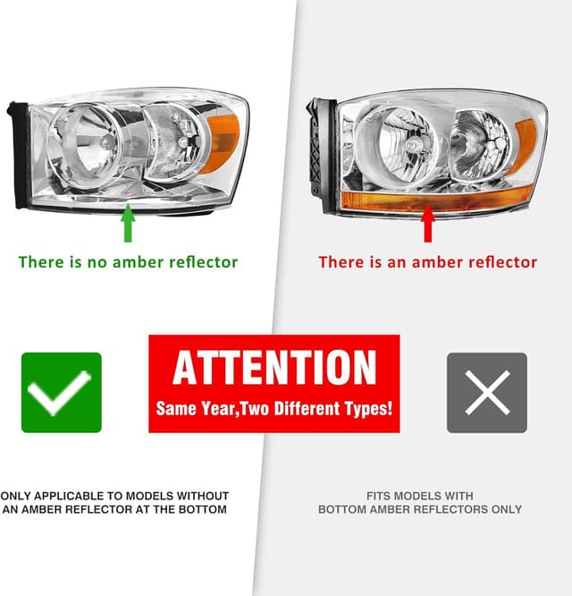 Detalle de ADCARLIGHTS Headlight Assembly Pair for 2006–2008 Dodge Ram 1500 and 2006–2009 Ram 2500/3500 (Clear Lens, Chrome Housing, Amber Reflector) — W/O Bulbs