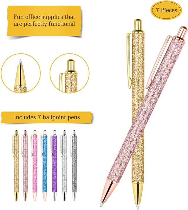 Detalle de Set AUAUY da 7 penne a sfera retrattili con glitter e inchiostro nero