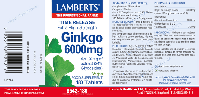 Thumbnail 1 de Lamberts Ginkgo Biloba 6000 mg 180 tabletas 💊