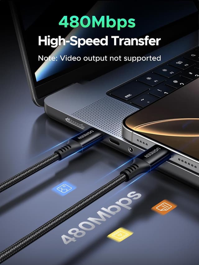 Detalle de UGREEN USB-C to USB-C Charger Cable 100W 5A (3m) with Power Delivery 3.0 and 480Mbps Data