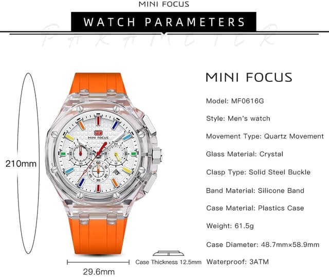 Detalle de MF MINI FOCUS Mini Focus Men Watches : montre quartz multifonction à cadran analogique transparent, bracelet silicone