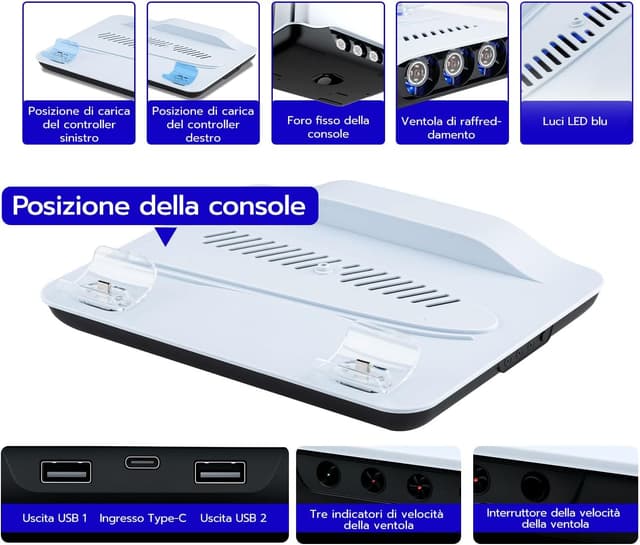 Detalle 2 de Wigearss Supporto verticale di raffreddamento PS5 con doppio caricatore per DualSense (PS5/PS5 Slim/PS5 Pro, Disc e Digital)