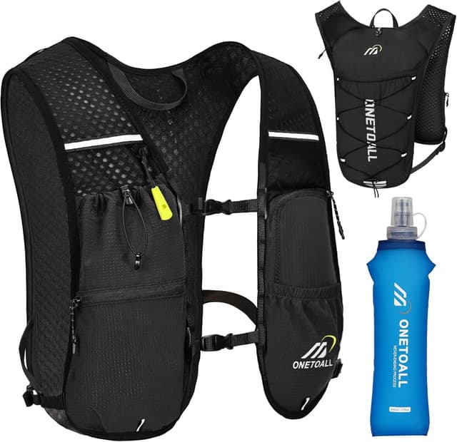 Detalle de ONETOALL Laufweste Damen mit 500-ml-Trinkflasche & 2-L-Trinkblase – reflektierende Laufrucksack-Weste (ca. 150 g) für 6 l