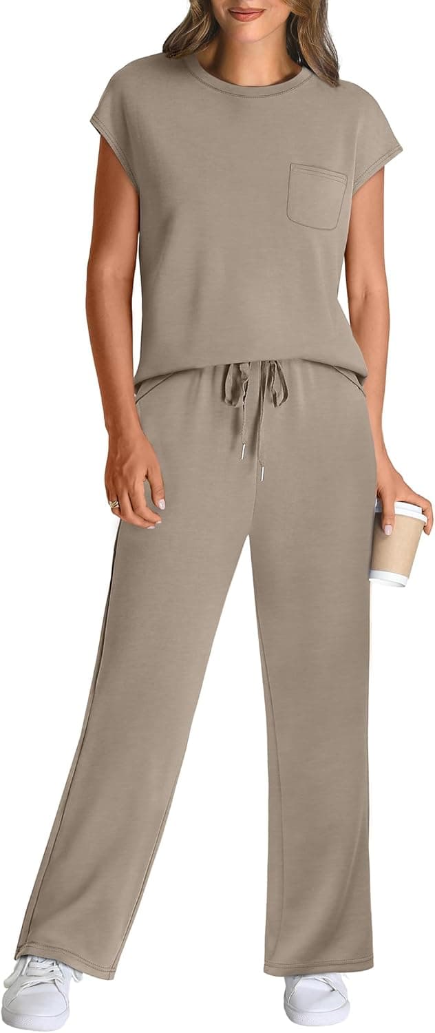 Detalle de WIHOLL 2-Piece Women’s Casual Summer Travel Lounge Set (Cap Sleeve Top + Wide-Leg Pants)