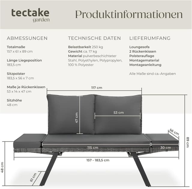 Detalle 2 de tectake Rattan Loungesofa 2in1 Klapparmlehnen