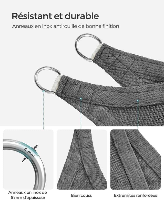 Detalle 2 de SONGMICS Voile d’Ombrage 3 x 5 m GSS35GY gris anthracite – protection solaire en HDPE respirante et perméable à l’eau