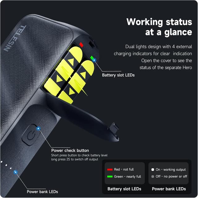 Detalle de TELESIN Powerbank-Ladegerät (10.000 mAh) für GoPro Hero 13 – Dual-Slot Schnellladen